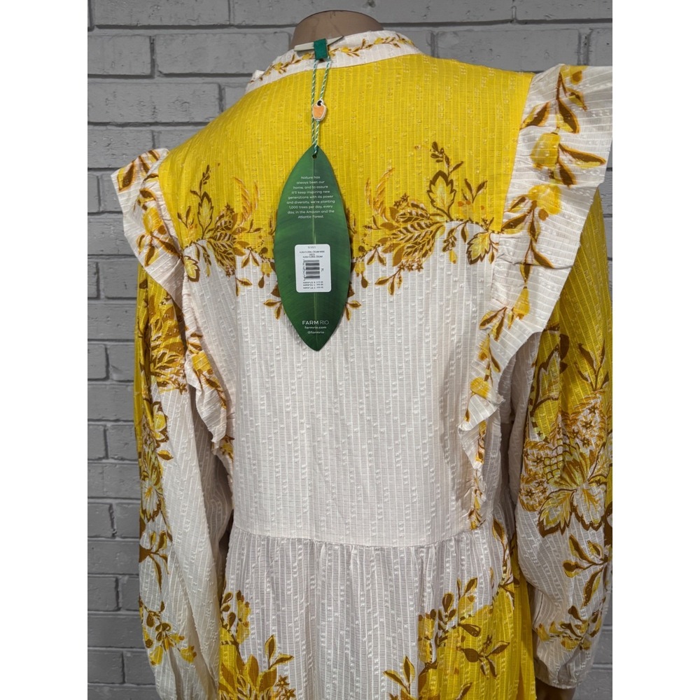 Farm Rio Aura Floral Maxi Dress Yellow Cream Ruffle Button Front Boho XL NEW - Picture 14 of 16